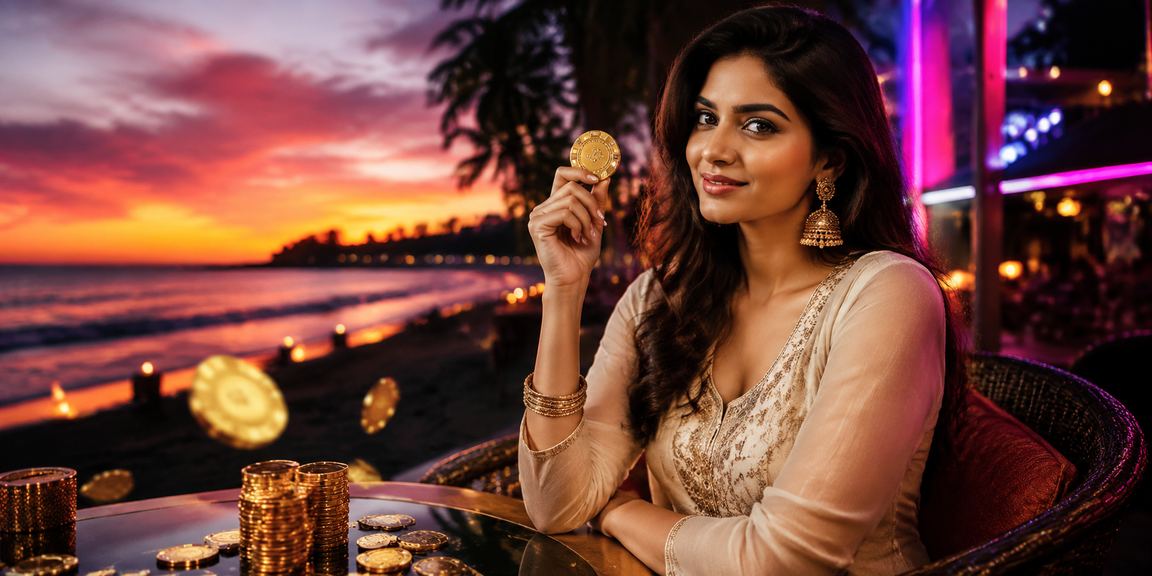 Player using mobile device on a beach in Goa betting on traditional games