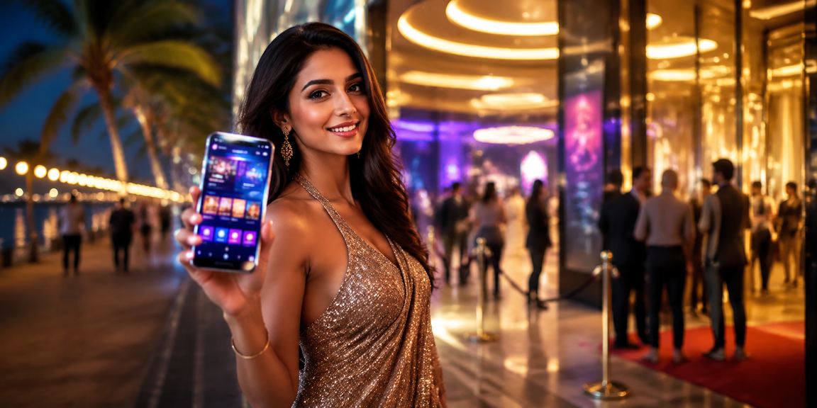 Calm beach with smartphone showing casino app in India